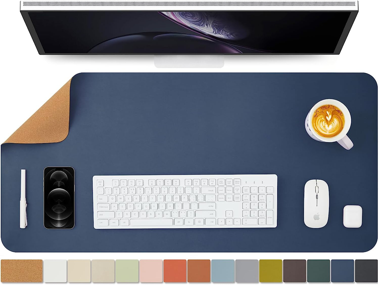 Transform Your Workspace with the Cork Dual-Sided Desk Mat - Stylish and Functional Desk Pad for Home and Office - Large Mouse Pad in Dark Blue (90cm x 43cm)