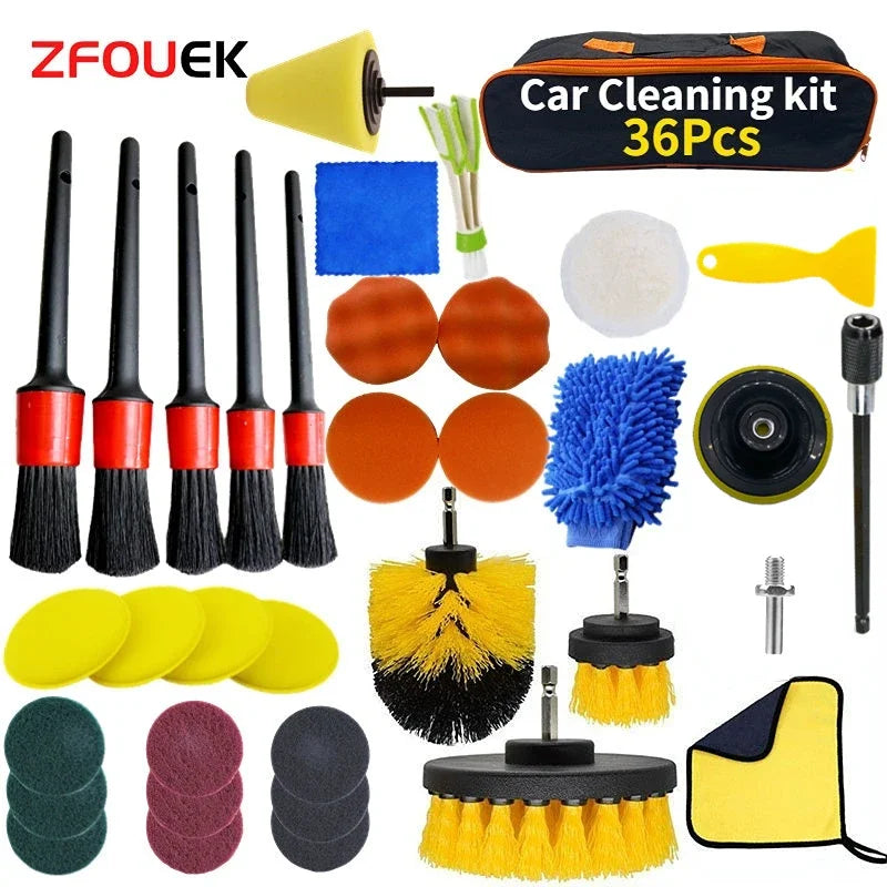 ZOPOSON Professional Car Cleaning Kit - Scrubber Drill Detailing Brush Set with Air Conditioner Vent Tools and Polishing Towels