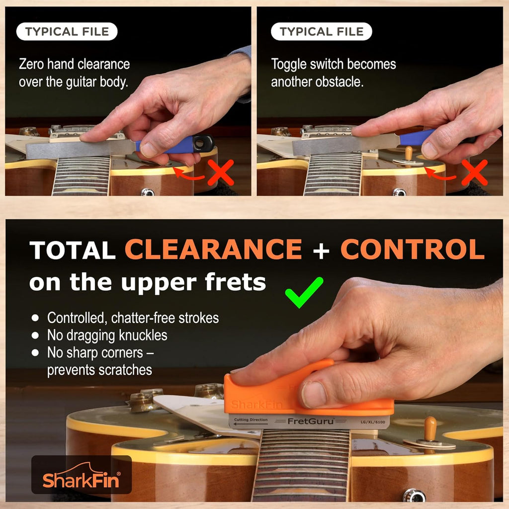 Unlock Precision Fret Crowning with the Sharkfin Guitar Fret Crowning File - Ergonomic Design & D.I.A. Geometry for Perfectly Shaped Frets in MD/LG/XL Sizes