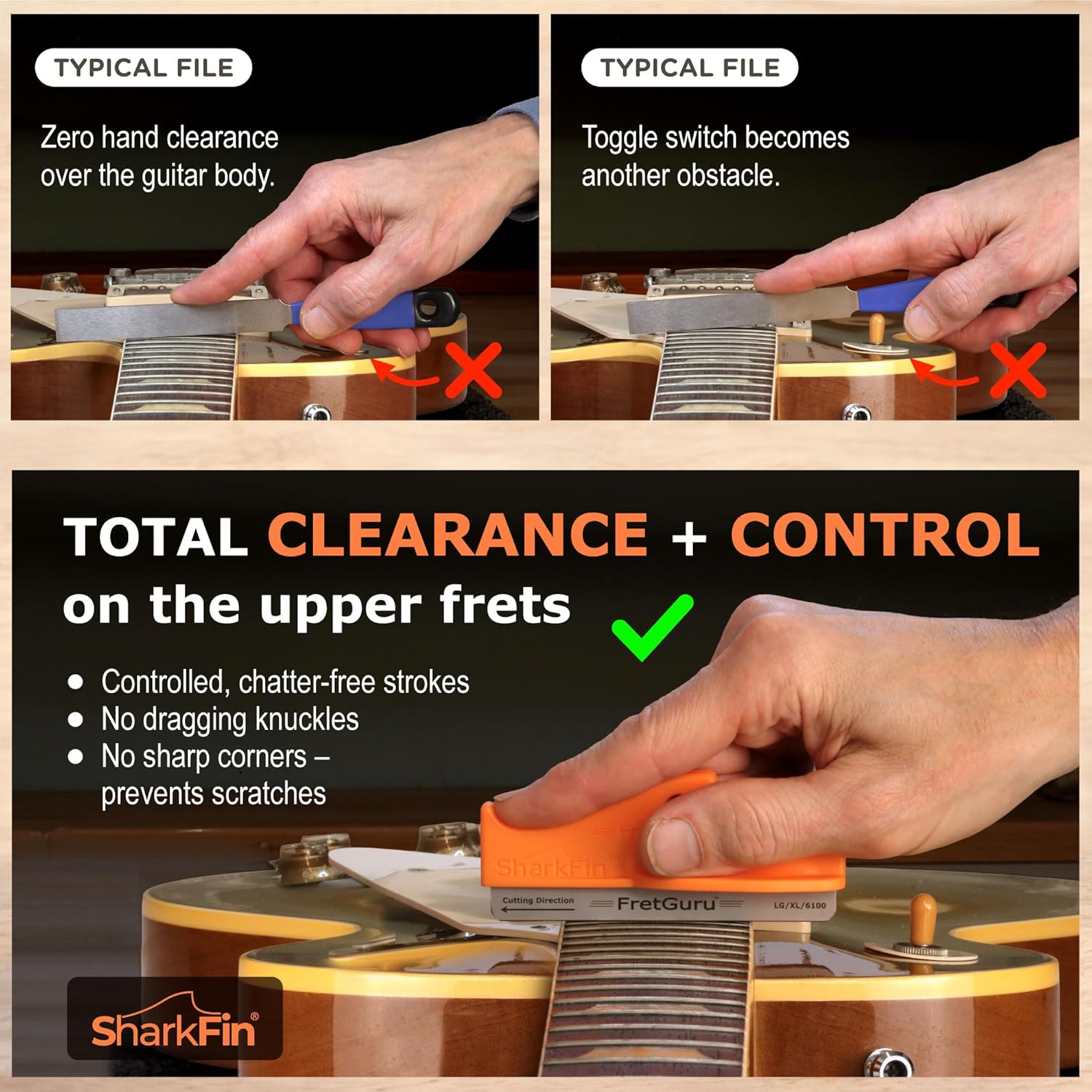 Unlock Precision Fret Crowning with the Sharkfin Guitar Fret Crowning File - Ergonomic Design & D.I.A. Geometry for Perfectly Shaped Frets in MD/LG/XL Sizes