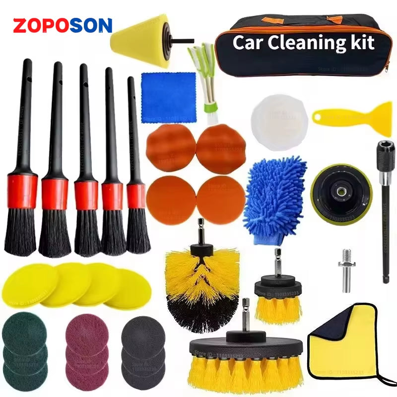 ZOPOSON Professional Car Cleaning Kit - Scrubber Drill Detailing Brush Set with Air Conditioner Vent Tools and Polishing Towels